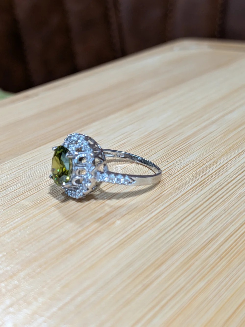 Olive Green Oval Halo Gemstone Ring in Sterling Silver